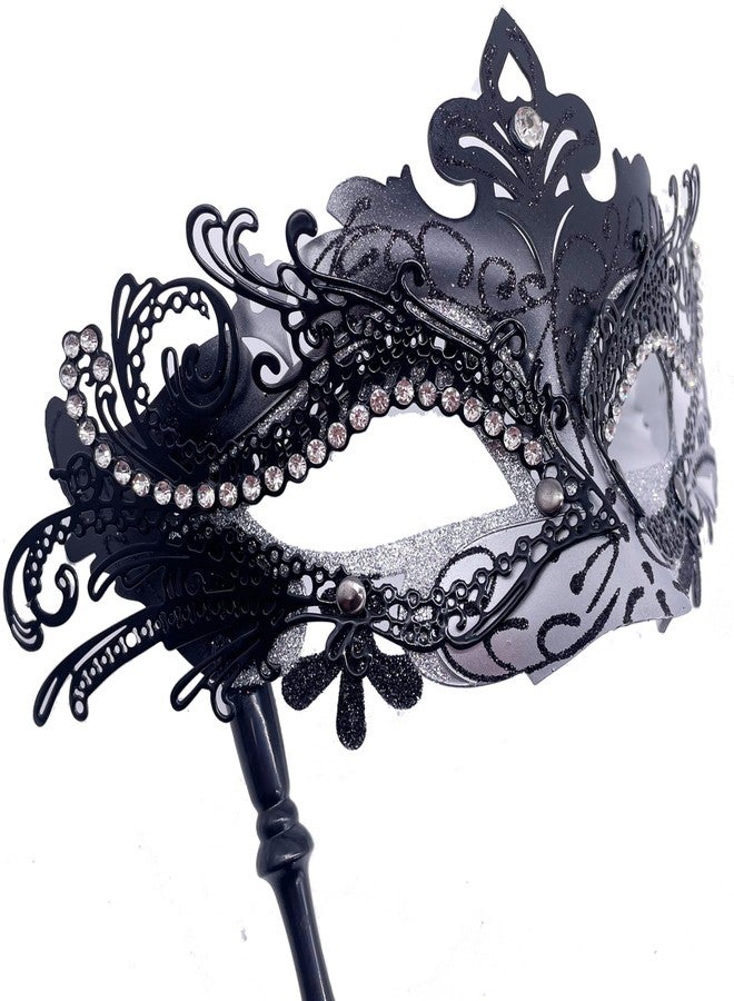 Geek-M Masquerade Mask for Women/Men, Fancy Party Face Mask Venetian Mask for Prom Ball Halloween Mardi Gras (masquerade mask with stick Sliver+Black) - Image 4